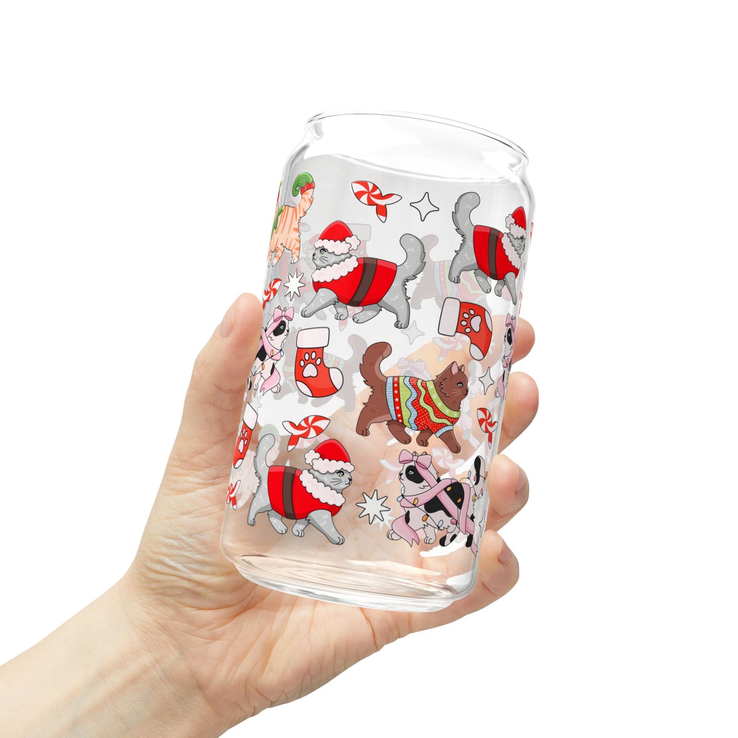 Christmas Cats Glass Can 16 oz