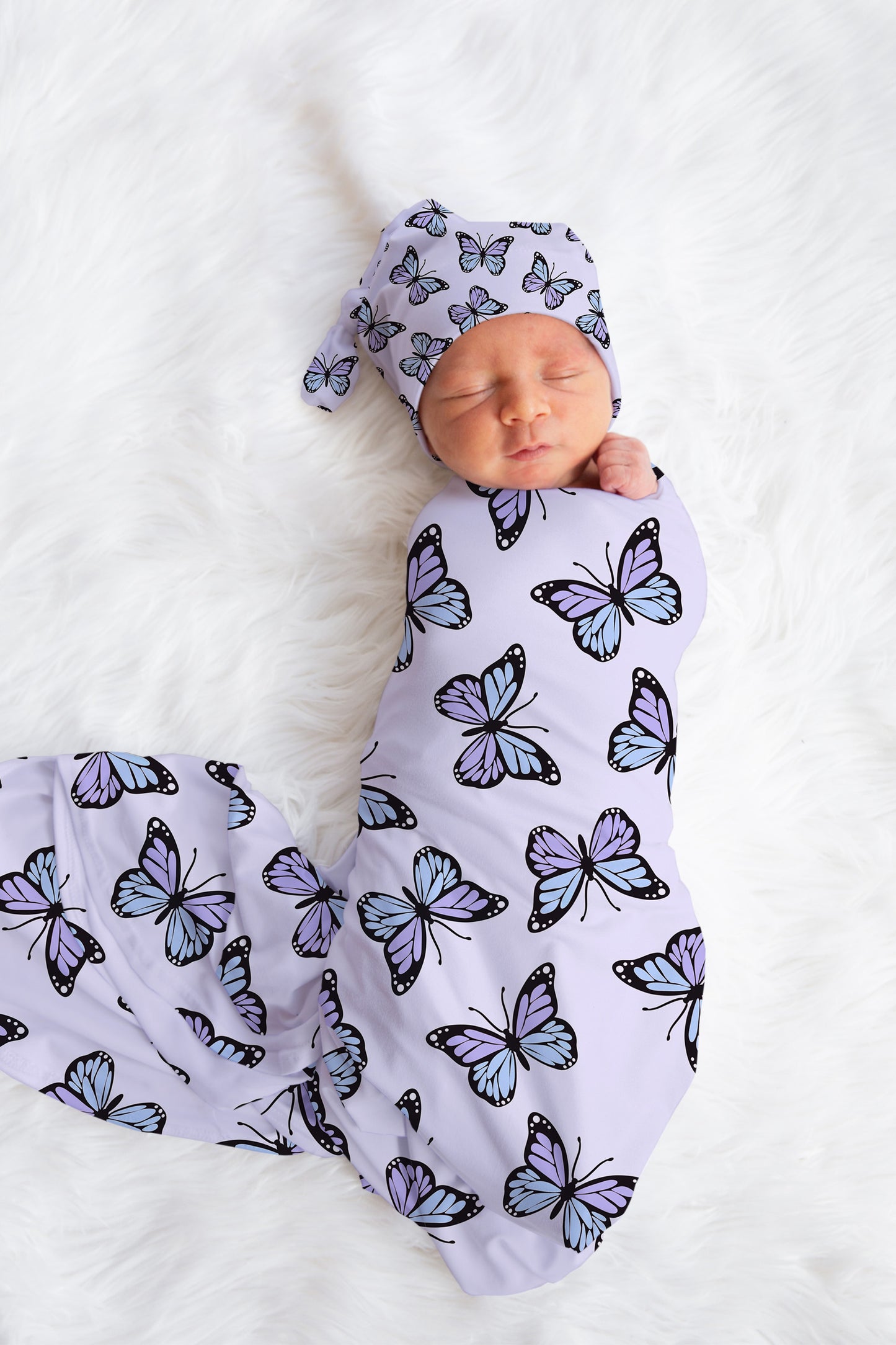 Personalized Butterfly Swaddle bow set newborn purple, Swaddle and hat set girl hospital reveal outfit, baby shower gift, stretchy swaddle
