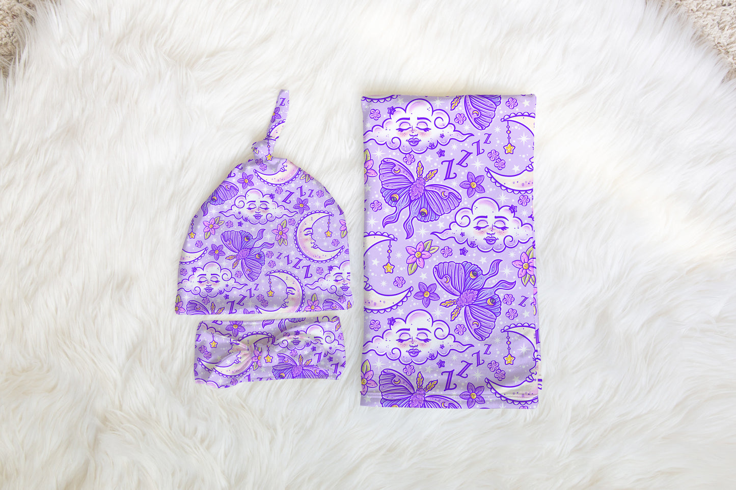 Personalized Purple Swaddle Set Bow Hat Baby Blanket