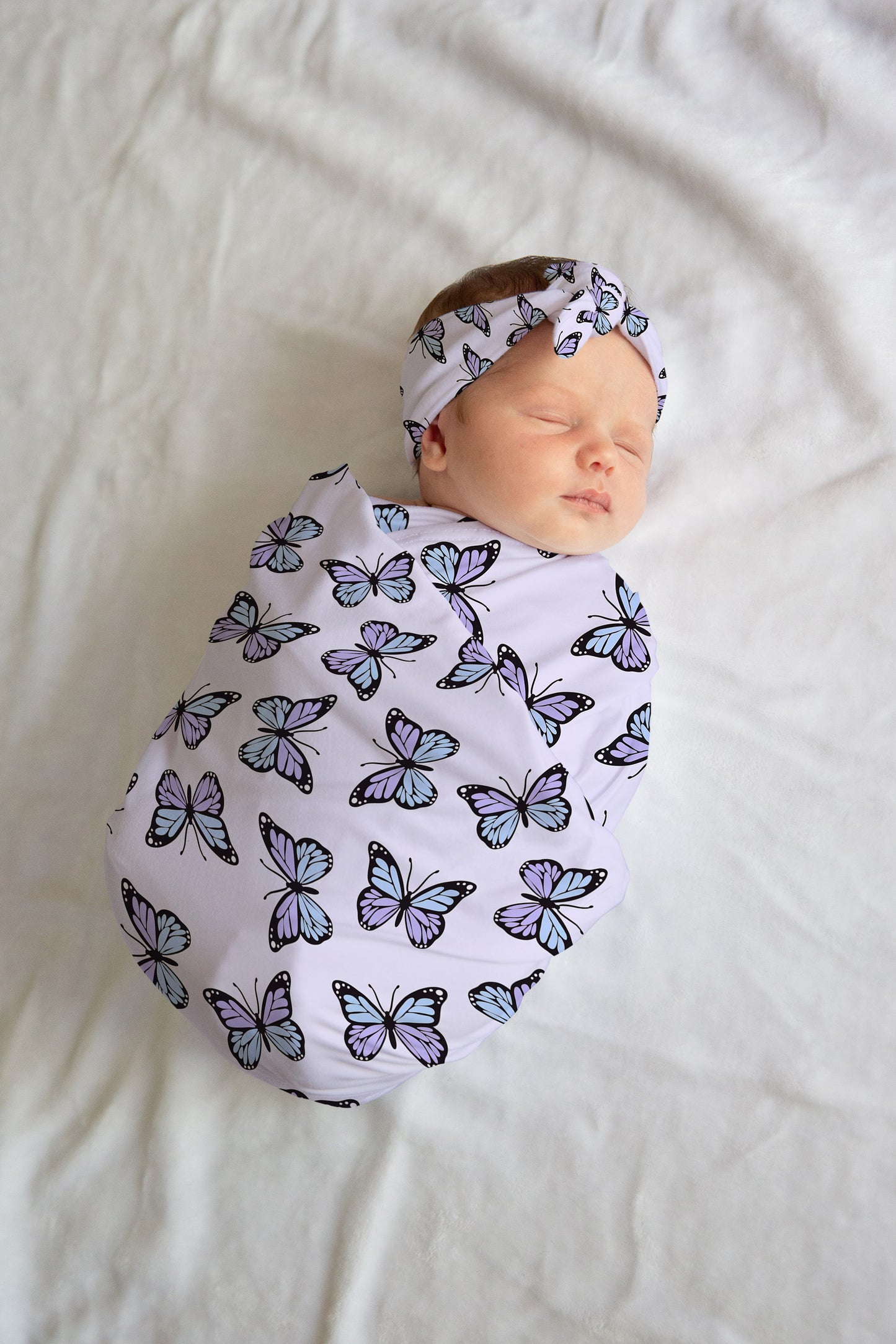 Personalized Butterfly Swaddle bow set newborn purple, Swaddle and hat set girl hospital reveal outfit, baby shower gift, stretchy swaddle