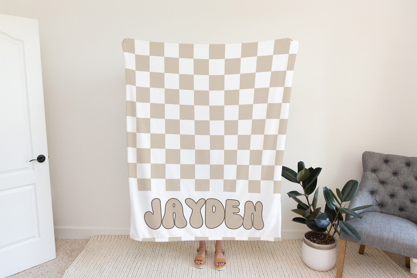Personalized checkered vintage blanket with Name, Beige Custom blanket gift, Birthday Anniversary Gift, toddler kids blanket