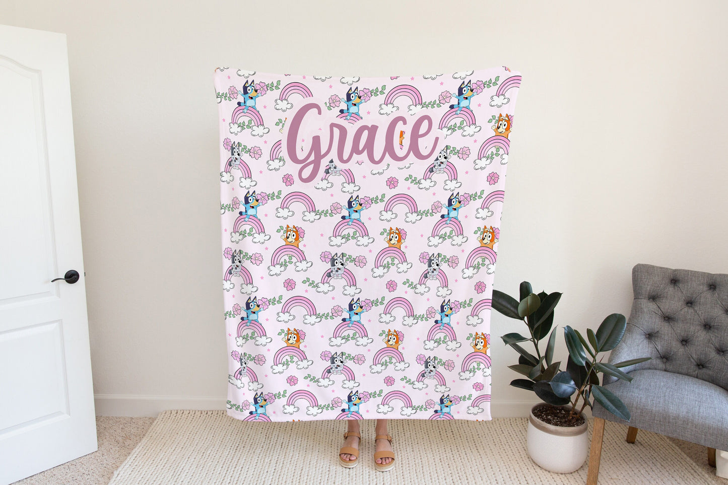 Personalized Pink Boho Bluey Blanket