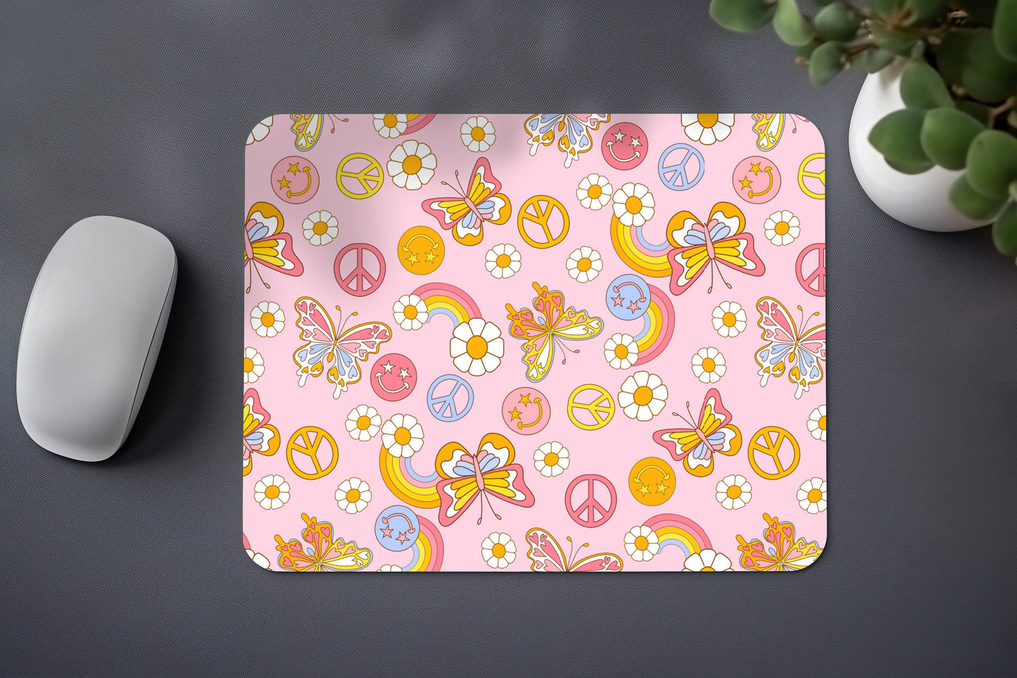 Personalized Groovy Floral smiley Mouse Pad, groovy butterfly Mouse Pad, personalized Teacher Gift, Office Supplies, Work From Home Gift