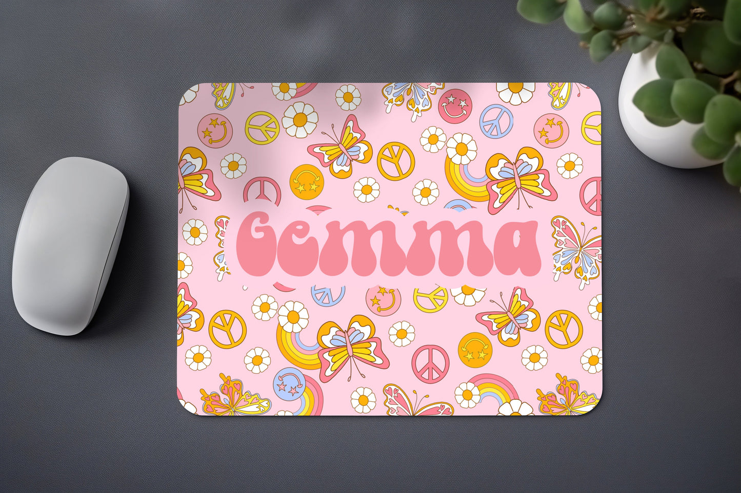 Personalized Groovy Floral smiley Mouse Pad, groovy butterfly Mouse Pad, personalized Teacher Gift, Office Supplies, Work From Home Gift