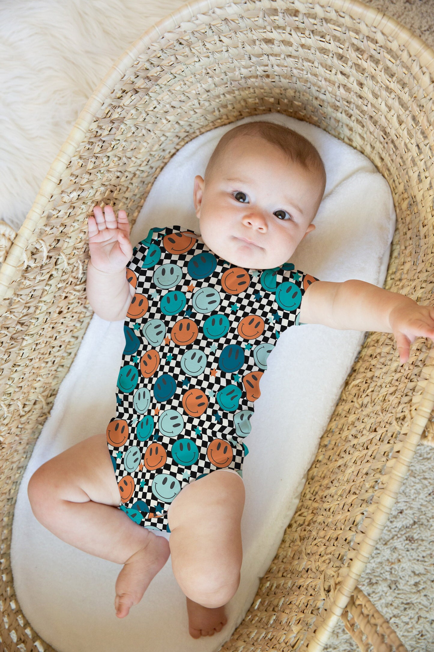 Personalized Baby Boy one piece, Blue checkered smiley face baby bodysuit, personalized baby bodysuit, organic cotton gift for baby shower