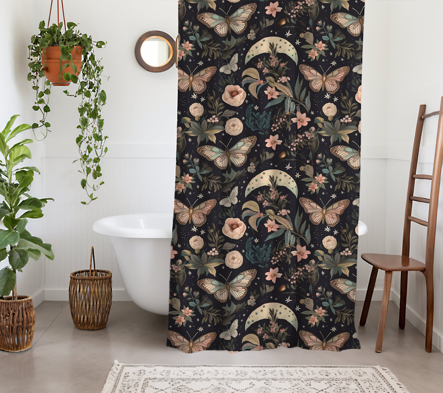 Moody Dark Academia Black Botanical Shower Curtain