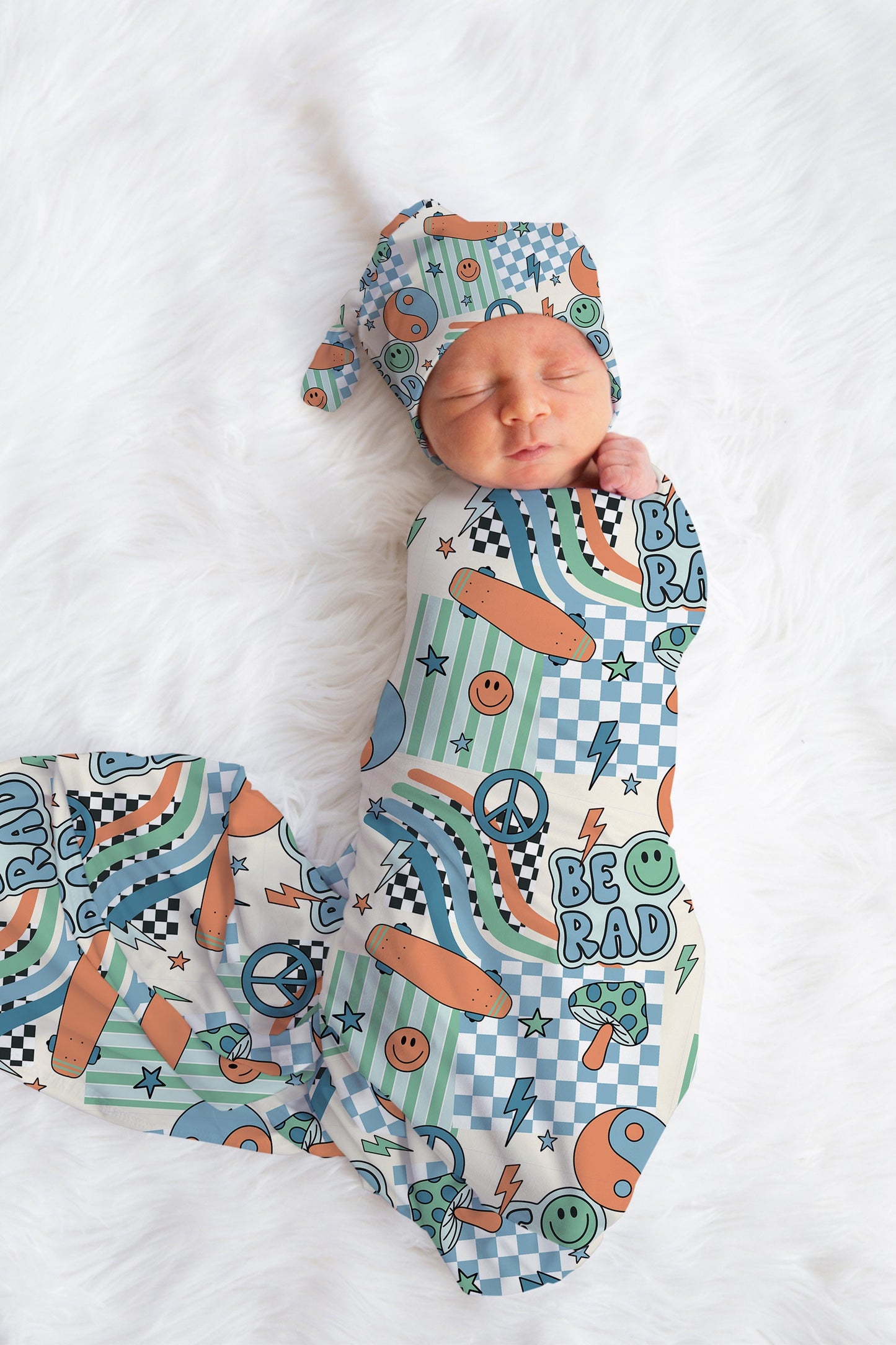 Patchwork Baby Boy Swaddle Blanket Hat Set, smiley swaddle, blue hospital reveal outfit baby boy baby shower gift, receiving blanket boys