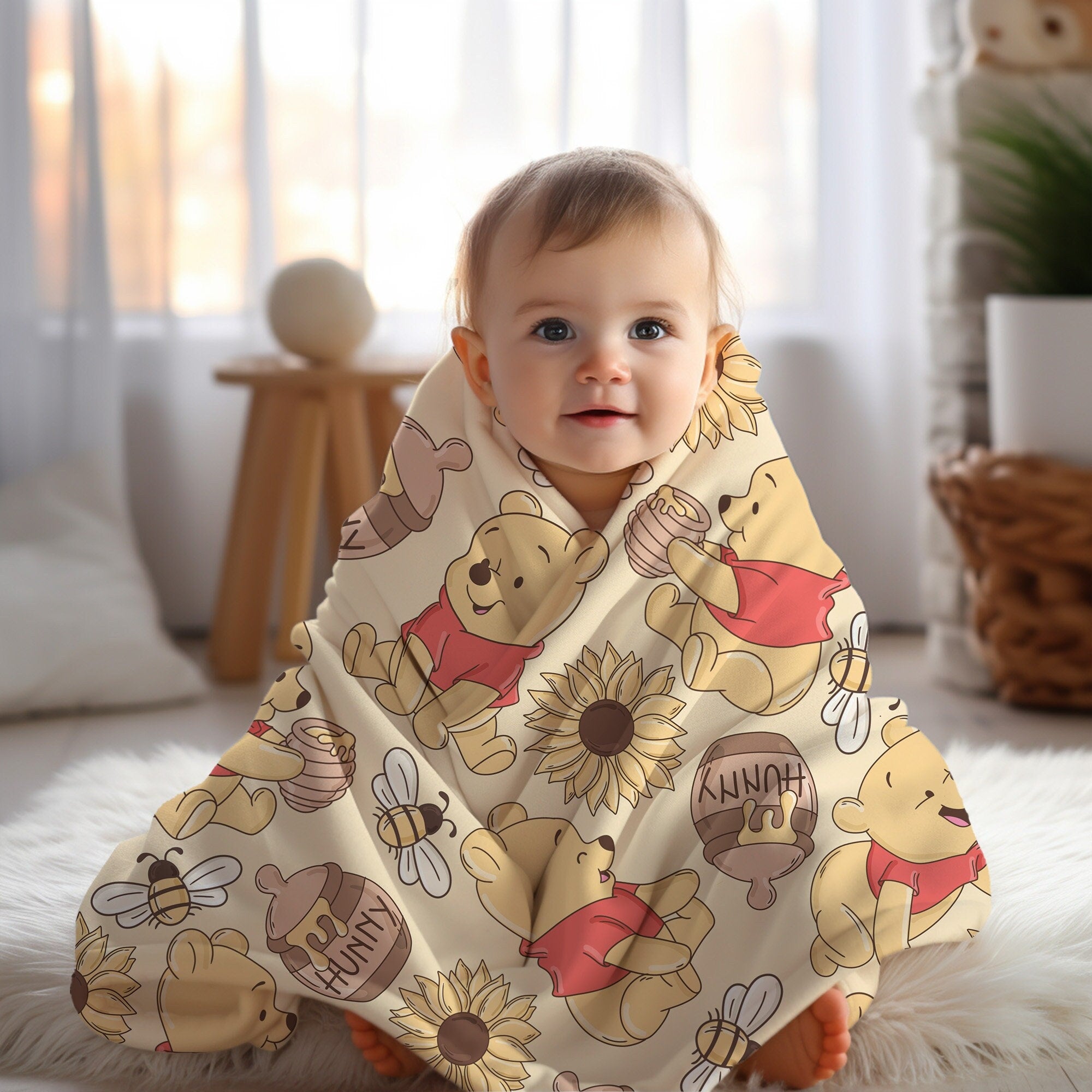 Winnie the pooh Minky Blanket, yellow winnie the pooh baby blanket