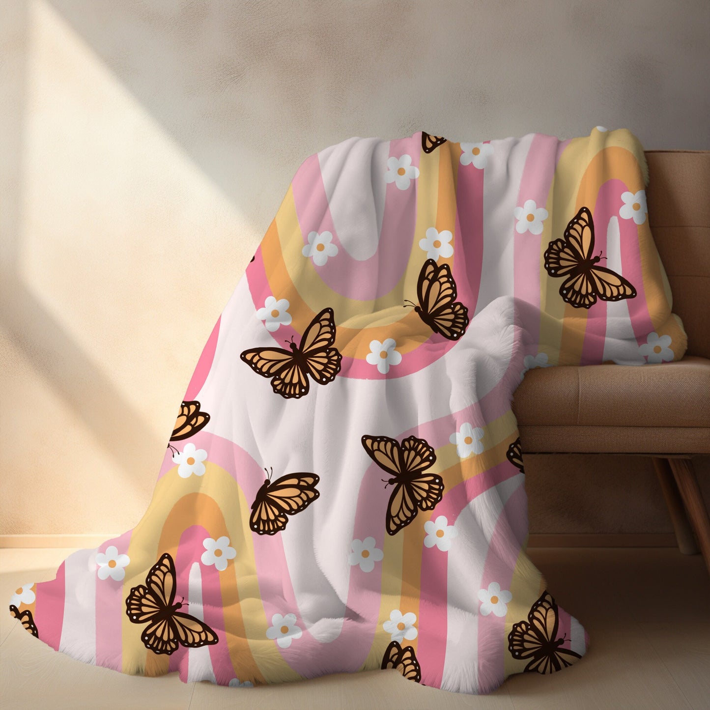 Personalized Pink Blanket groovy butterfly design, housewarming gift for her, butterfly lover gift, baby shower gift blanket