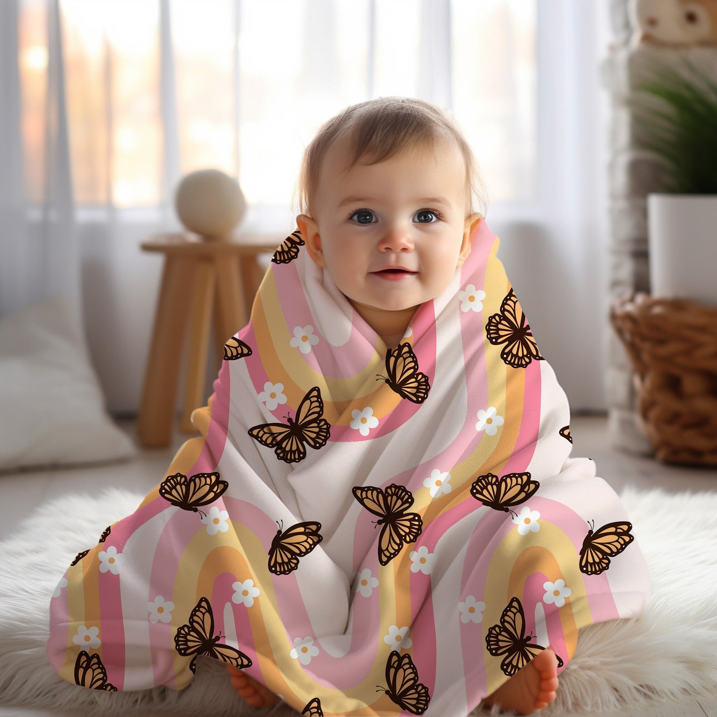 Personalized Pink Blanket groovy butterfly design, housewarming gift for her, butterfly lover gift, baby shower gift blanket