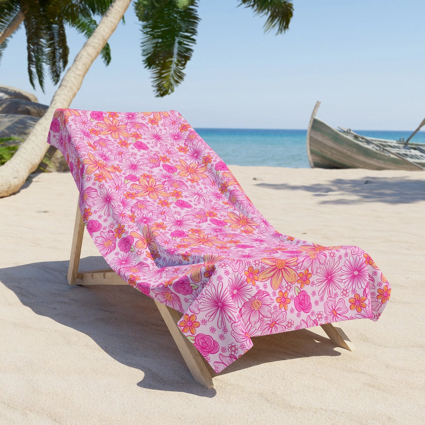 Personalized Pink Boho Floral Beach Towel