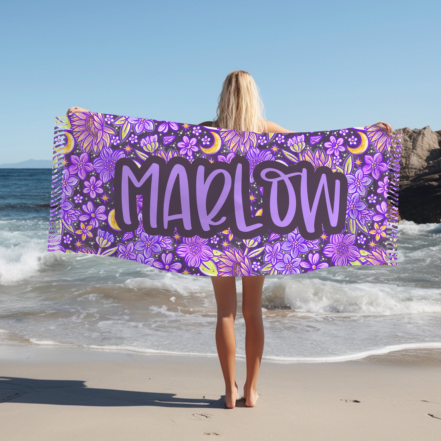 Personalized Purple Floral Beach Towel