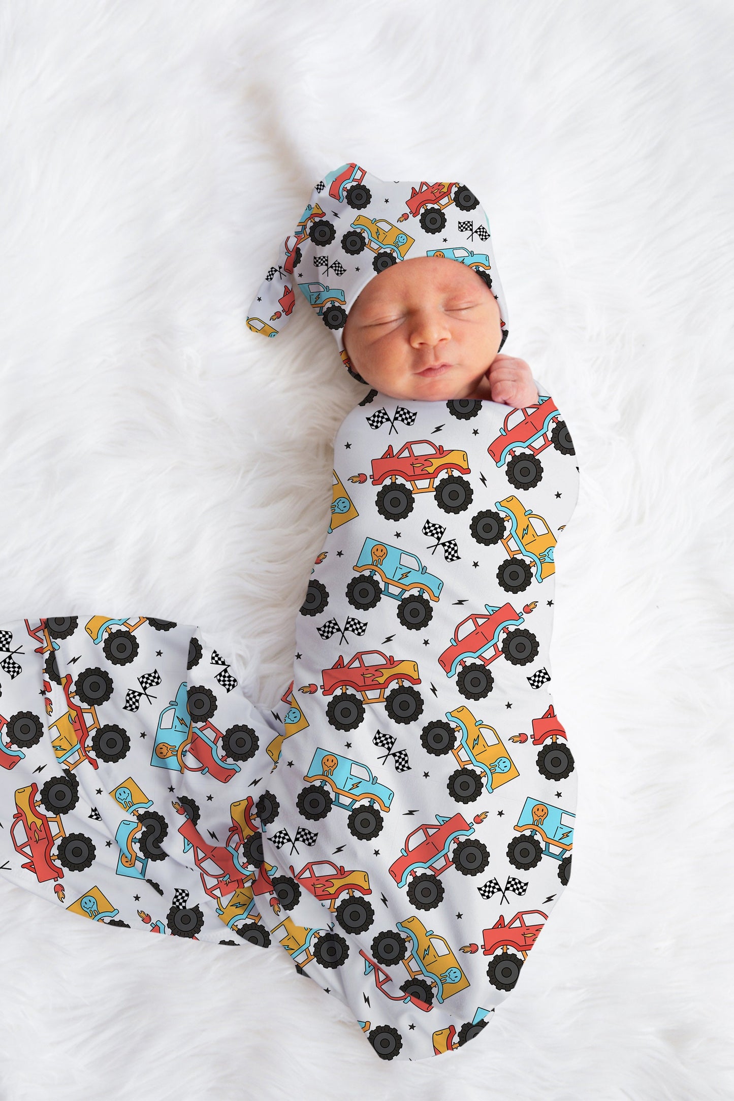Baby Boy Swaddle Blanket Hat Set, trucks swaddle, hospital reveal outfit baby boy, baby shower gift, receiving blanket for boys