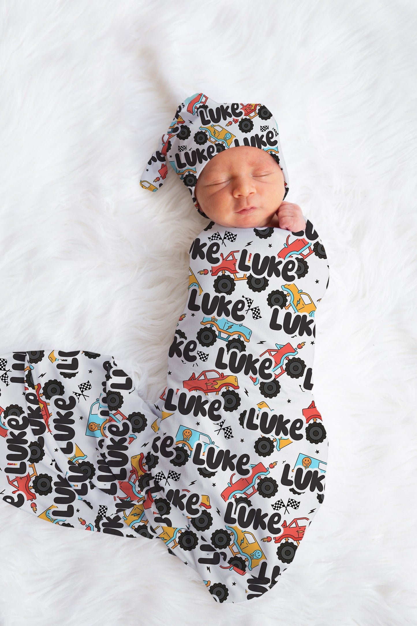 Baby Boy Swaddle Blanket Hat Set, trucks swaddle, hospital reveal outfit baby boy, baby shower gift, receiving blanket for boys