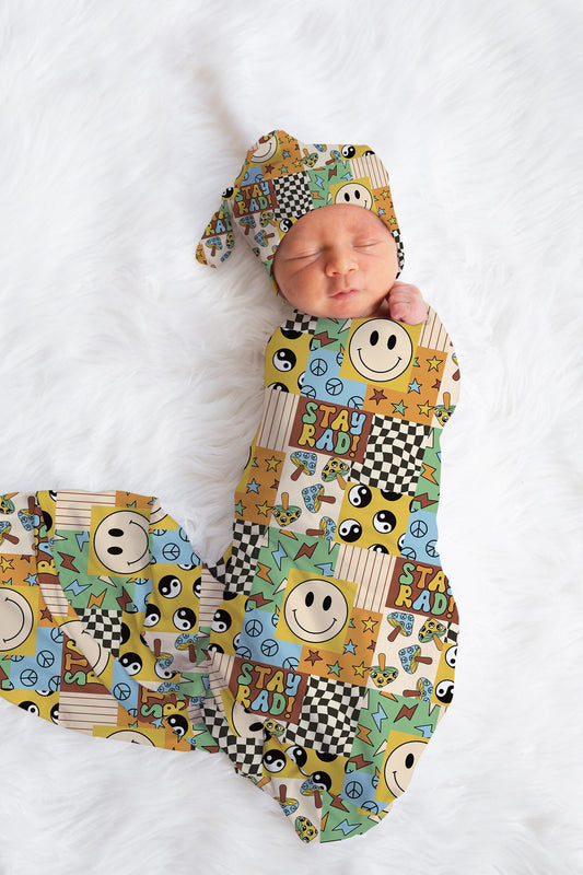Baby Boy Swaddle Blanket Hat Set, smiley swaddle, retro hospital reveal outfit baby boy, baby shower gift, receiving blanket for boys