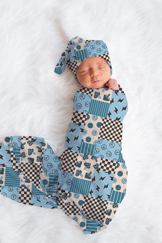 Patchwork Baby Boy Swaddle Blanket Hat Set, smiley swaddle, blue hospital reveal outfit baby boy baby shower gift, receiving blanket boys