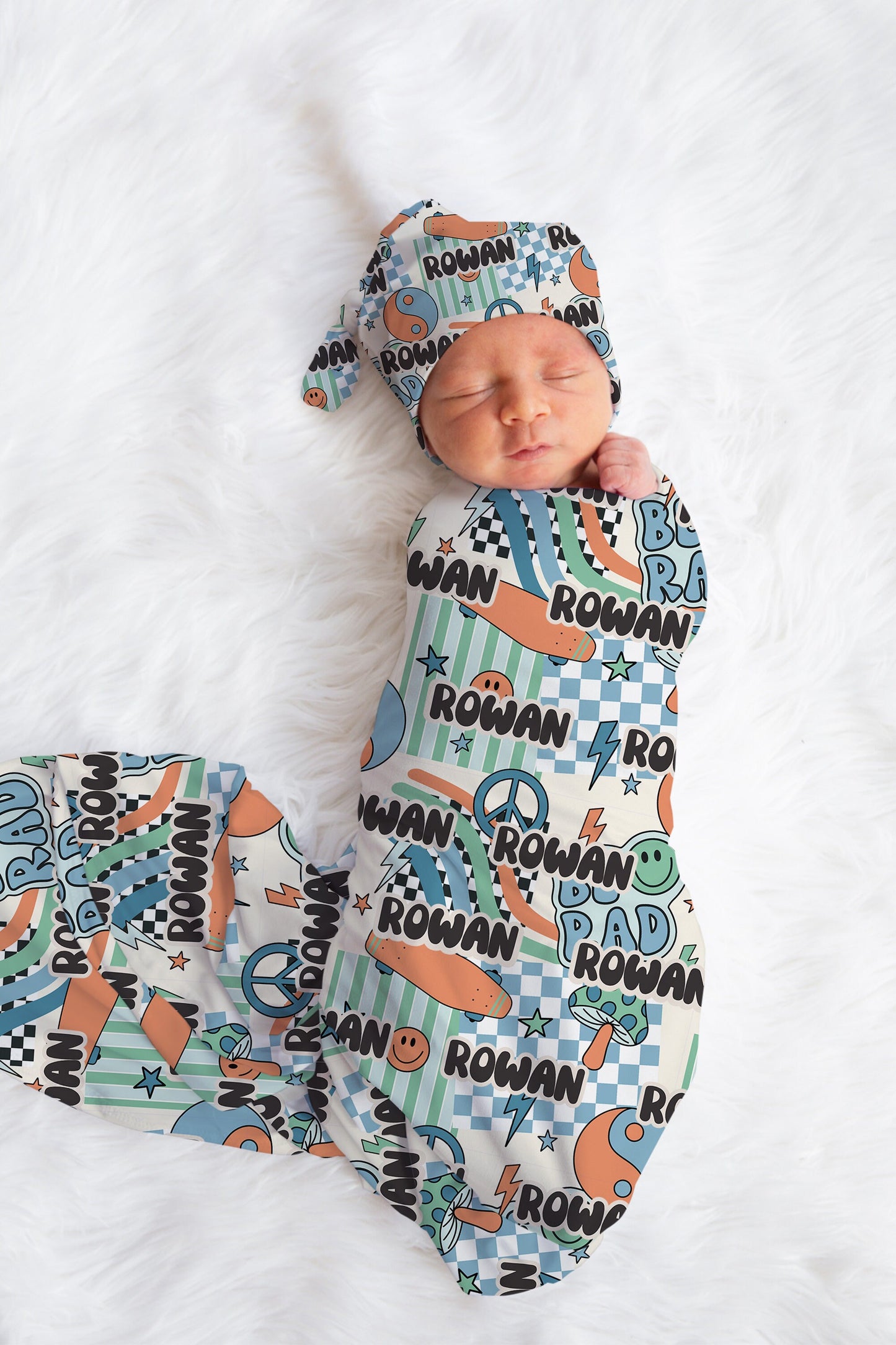 Patchwork Baby Boy Swaddle Blanket Hat Set, smiley swaddle, blue hospital reveal outfit baby boy baby shower gift, receiving blanket boys