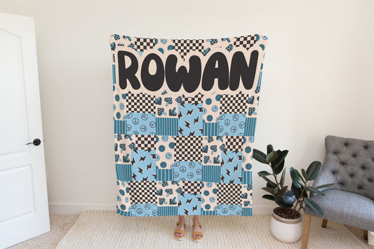 Personalized blanket for boys, Smiley face blanket, checkered throw, birthday gift for him, custom name baby blanket, baby shower gift