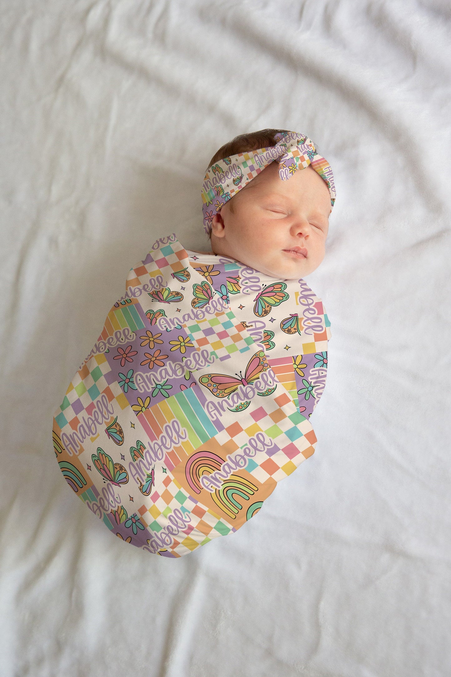 Personalized Butterfly Swaddle bow set newborn patchwork Swaddle and hat set girl hospital reveal outfit baby shower gift stretchy swaddle
