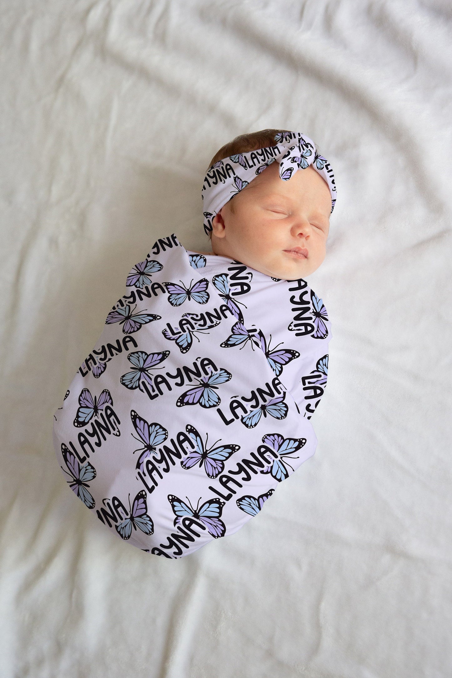 Personalized Butterfly Swaddle bow set newborn purple, Swaddle and hat set girl hospital reveal outfit, baby shower gift, stretchy swaddle