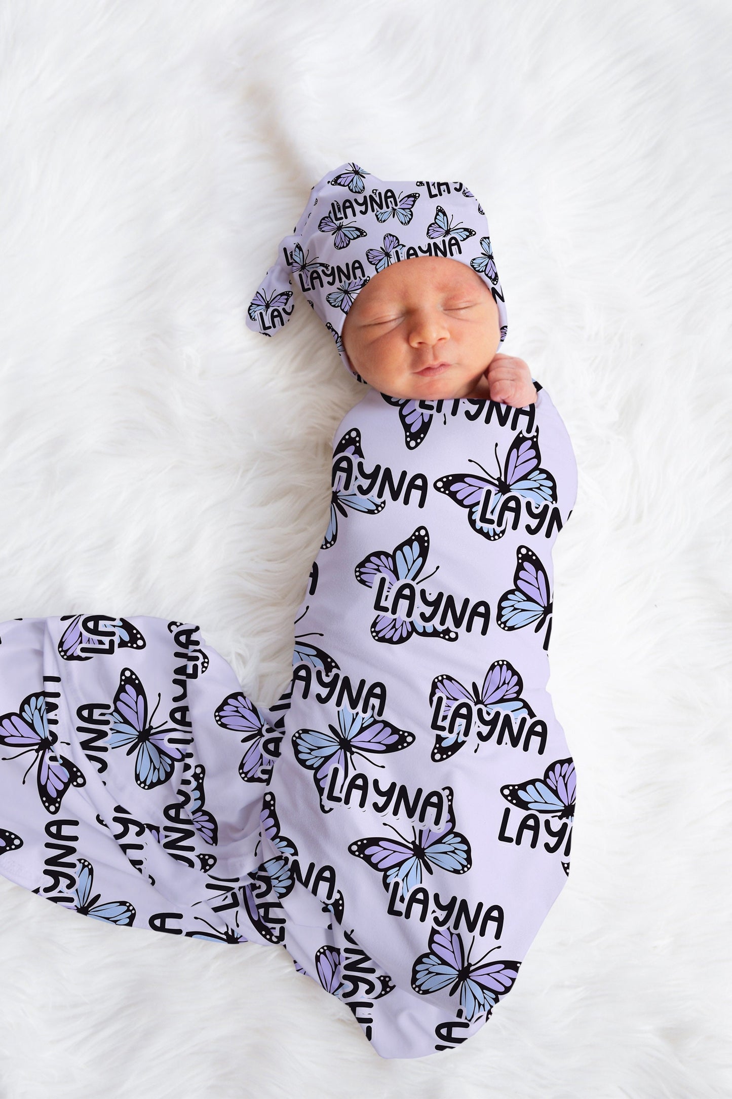 Personalized Butterfly Swaddle bow set newborn purple, Swaddle and hat set girl hospital reveal outfit, baby shower gift, stretchy swaddle