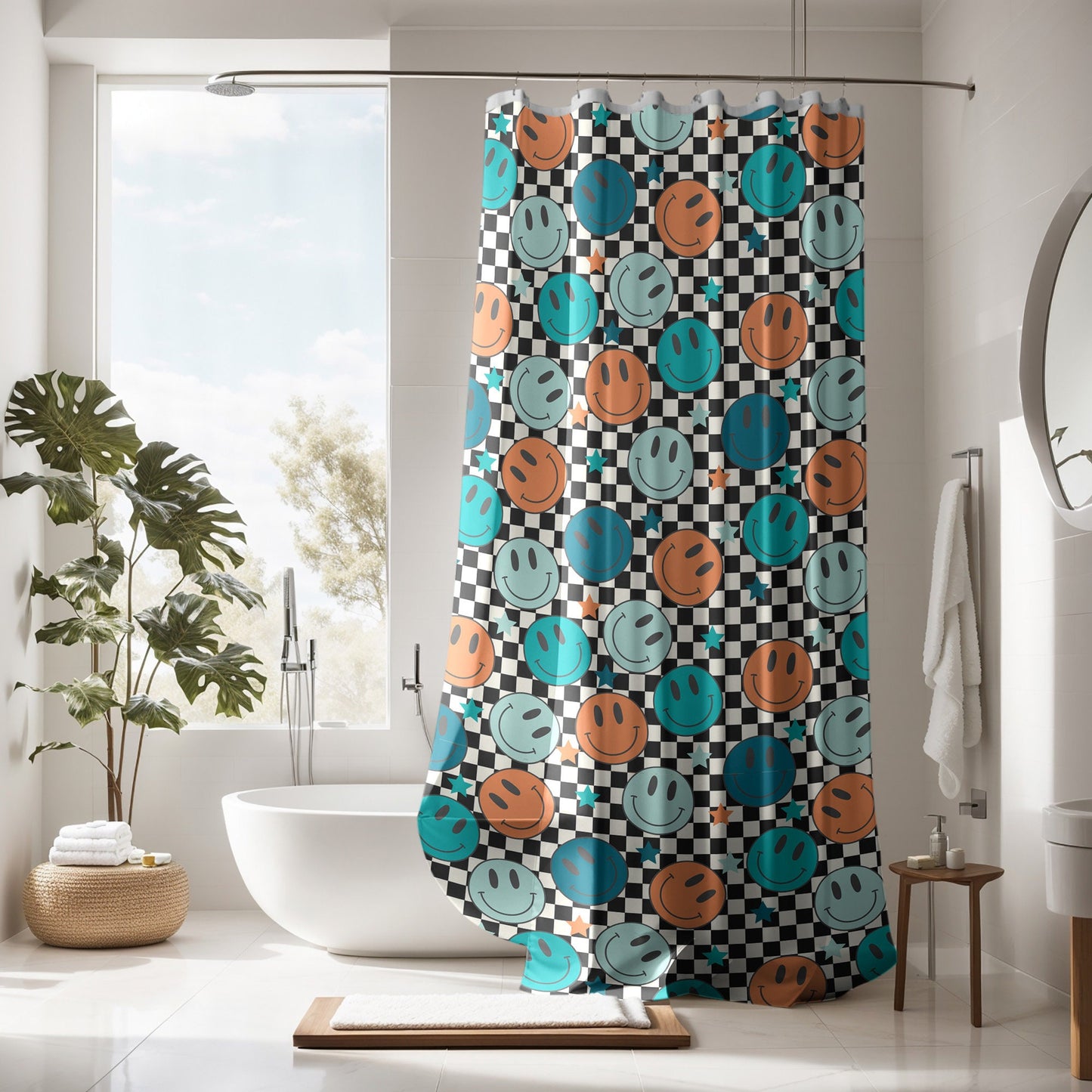 Smiley Face Shower Curtain Personalized boys, kids shower curtain retro, shower curtain boho, custom shower curtain, vintage shower curtain