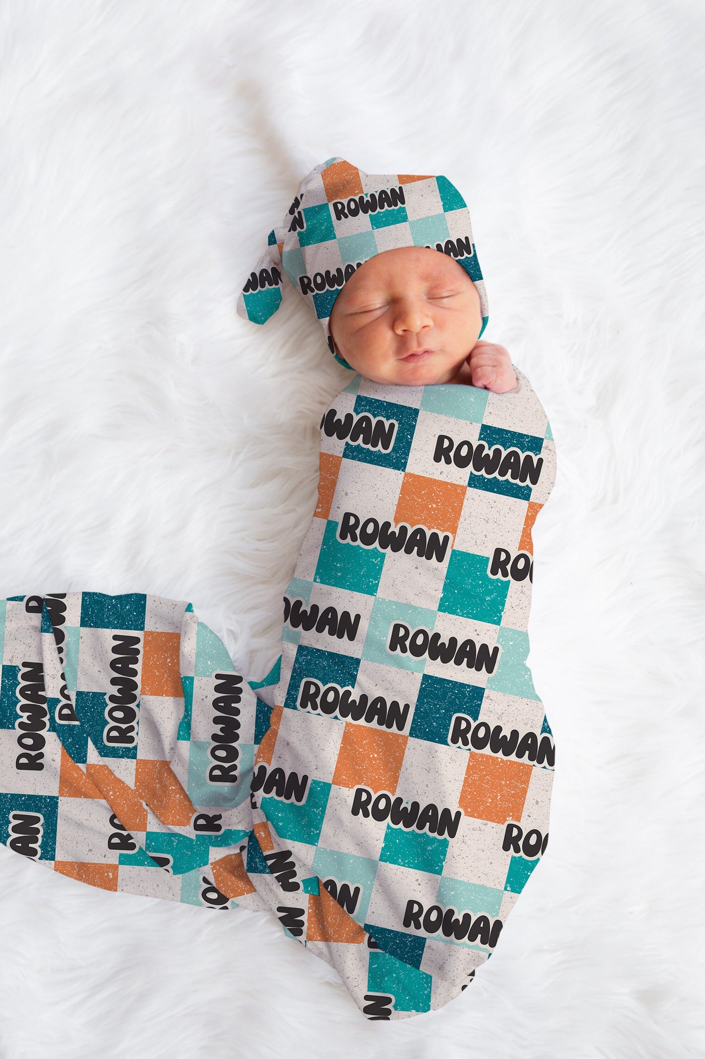 Personalized Boy Swaddle Hat Set Checkered
