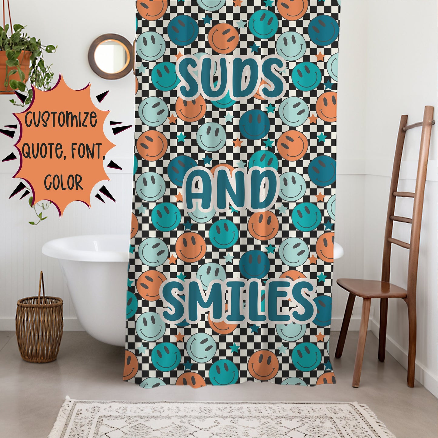 Smiley Face Shower Curtain Personalized boys, kids shower curtain retro, shower curtain boho, custom shower curtain, vintage shower curtain
