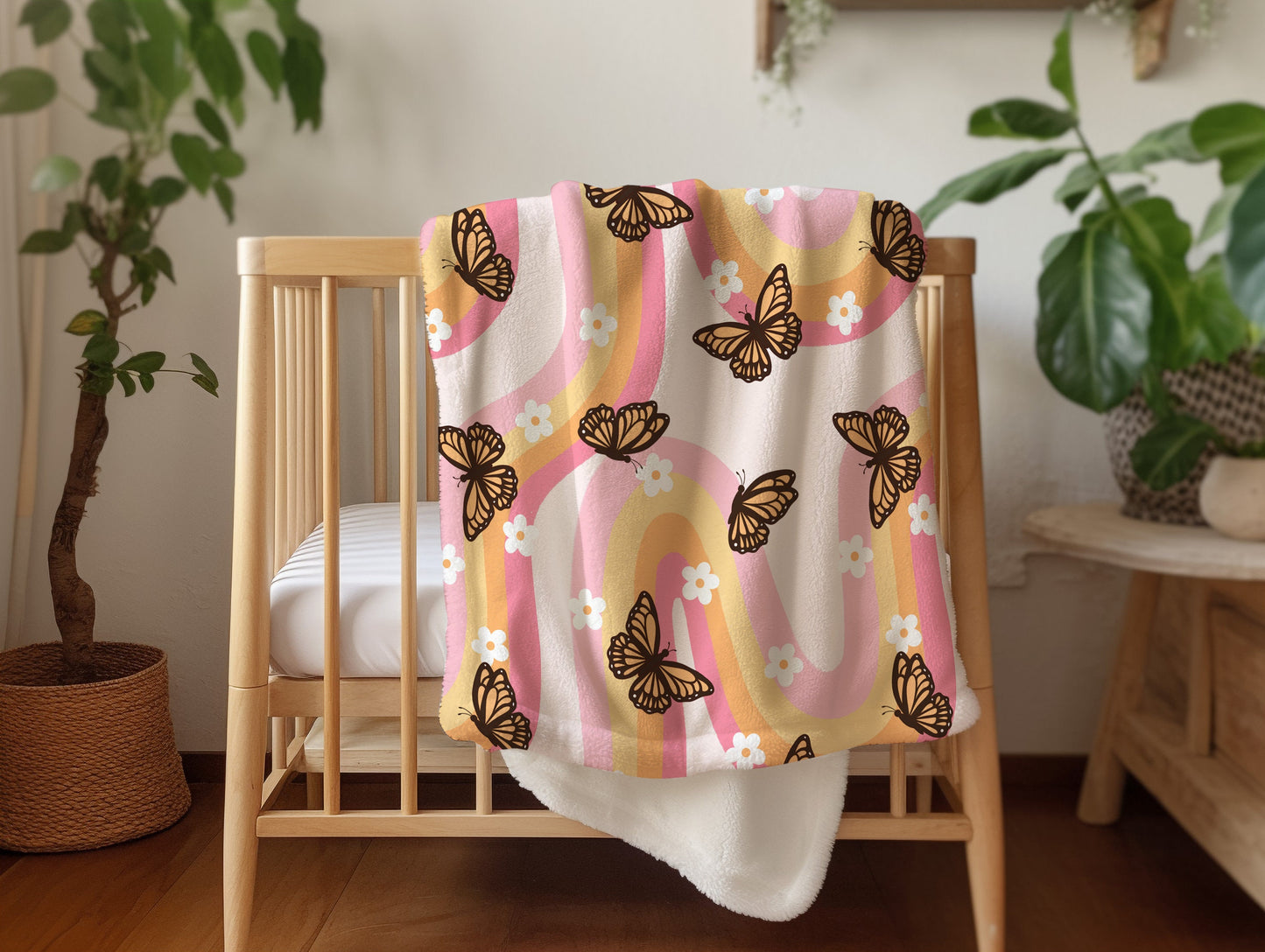 Personalized Pink Blanket groovy butterfly design, housewarming gift for her, butterfly lover gift, baby shower gift blanket