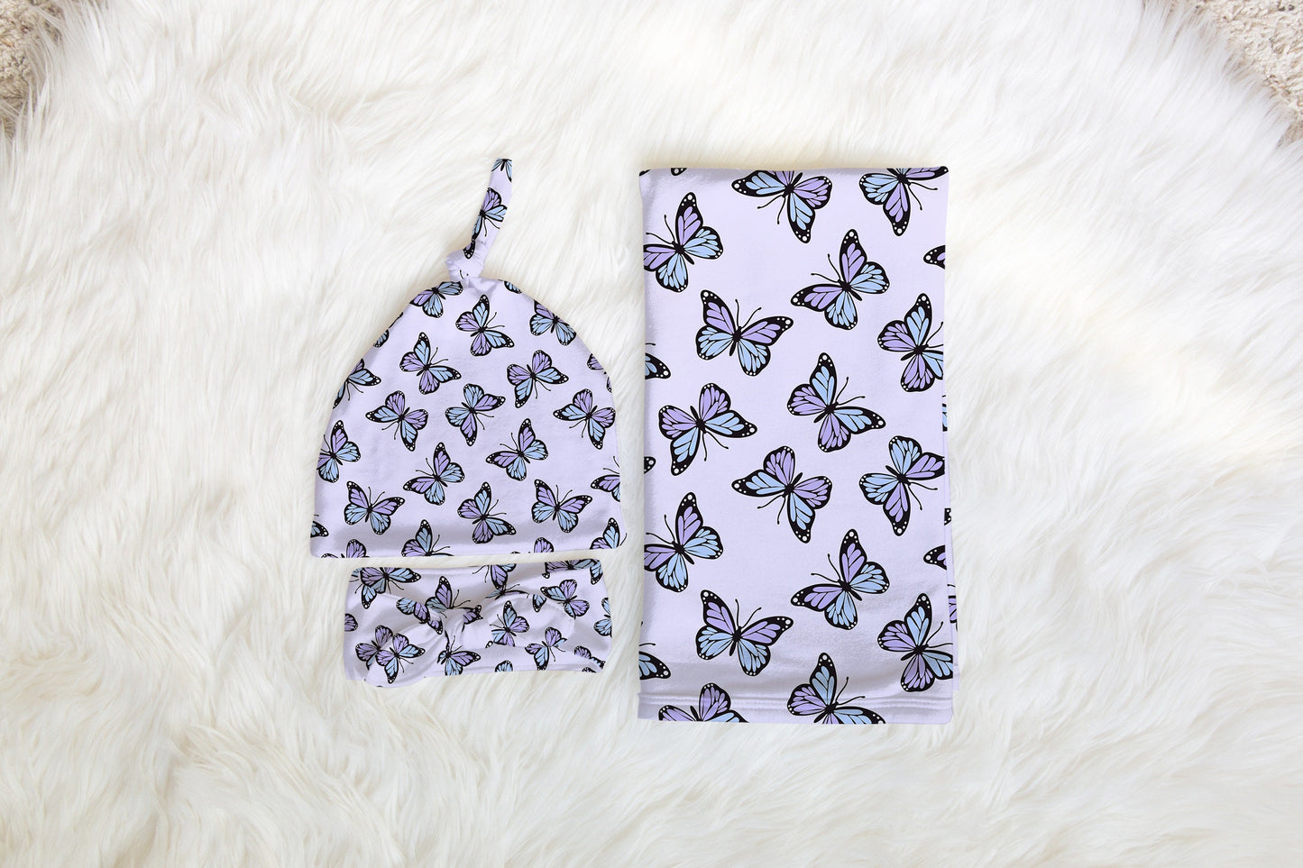 Personalized Butterfly Swaddle bow set newborn purple, Swaddle and hat set girl hospital reveal outfit, baby shower gift, stretchy swaddle