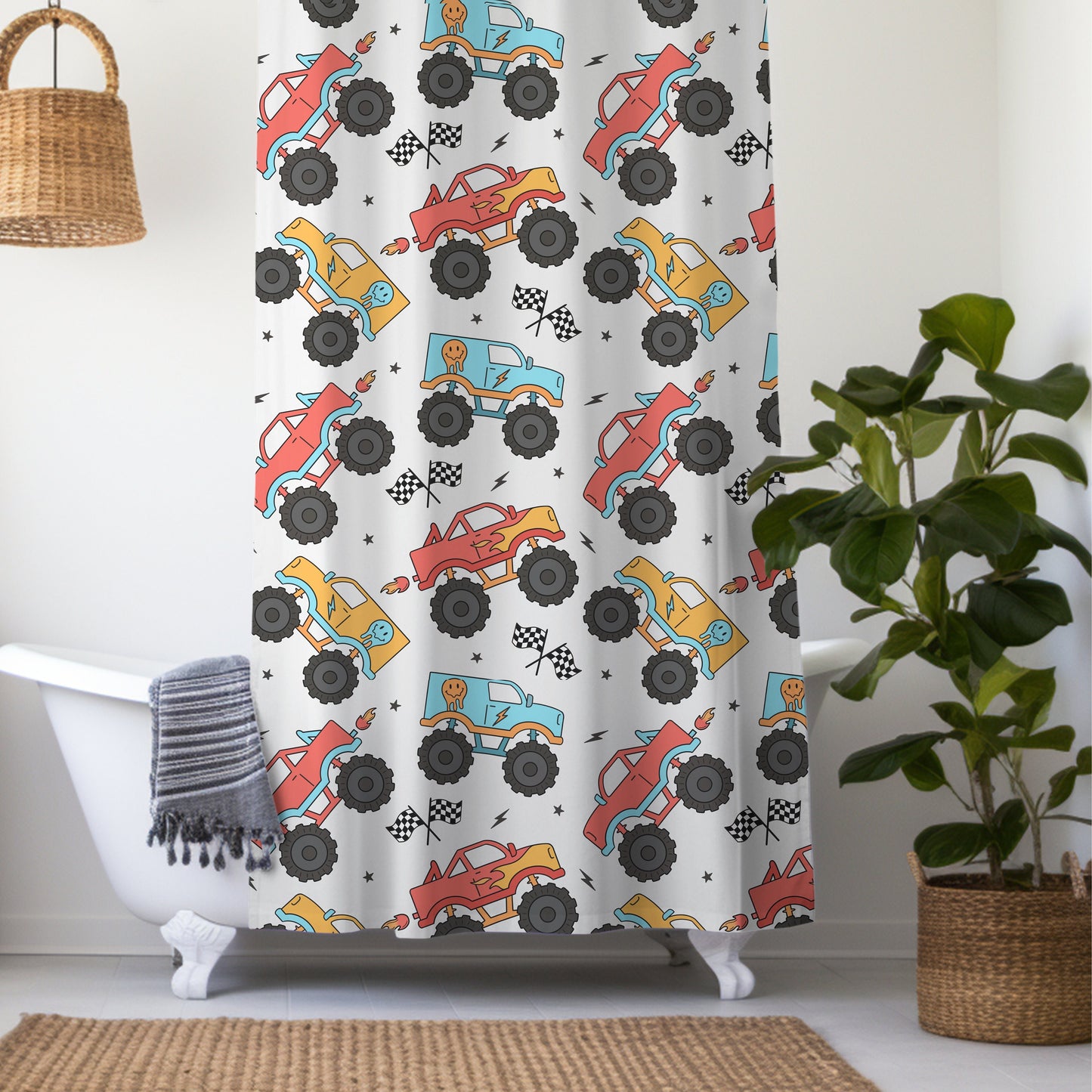 Shower Curtain Personalized boys, kids shower curtain trucks, custom shower curtain, kids bathroom decor boys