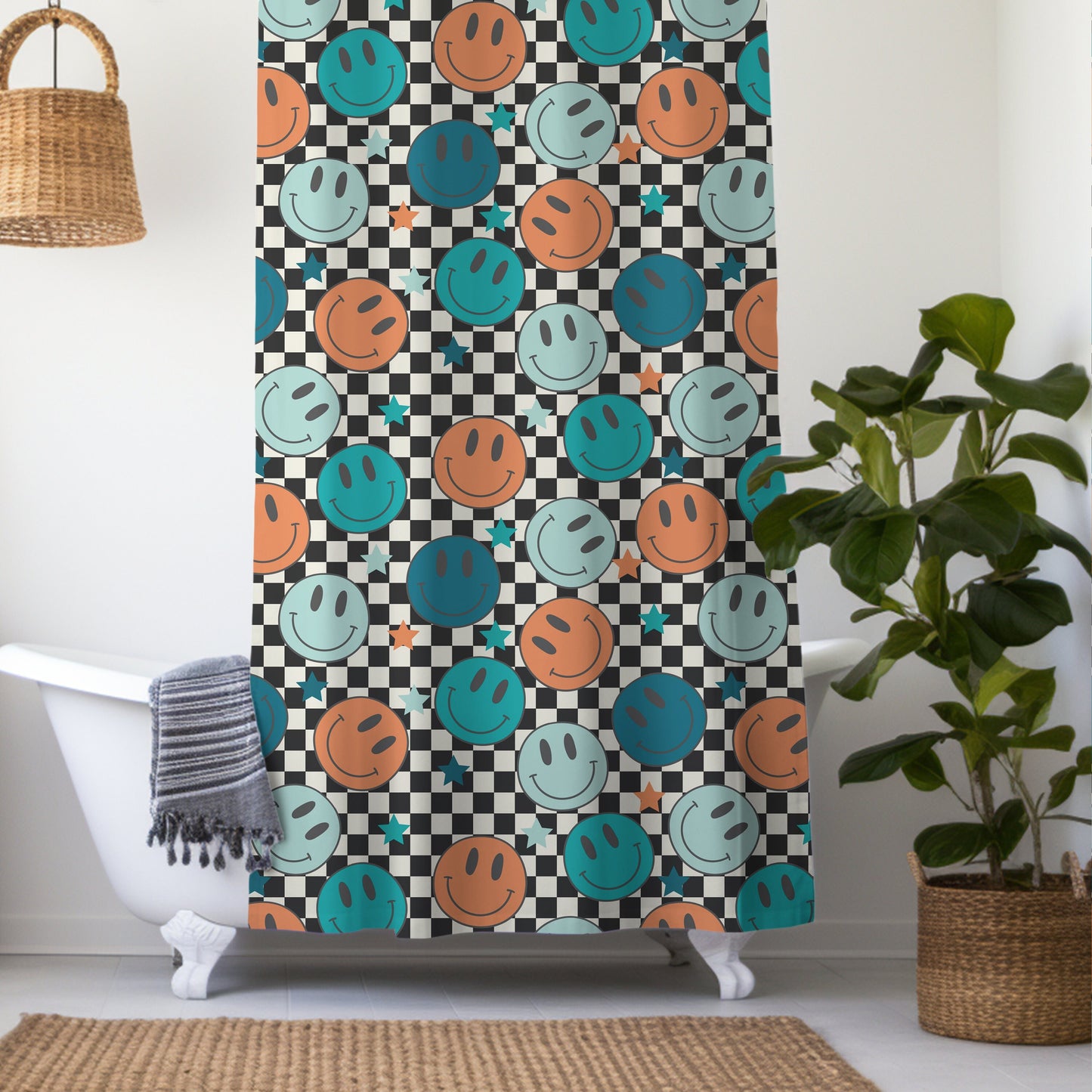 Smiley Face Shower Curtain Personalized boys, kids shower curtain retro, shower curtain boho, custom shower curtain, vintage shower curtain