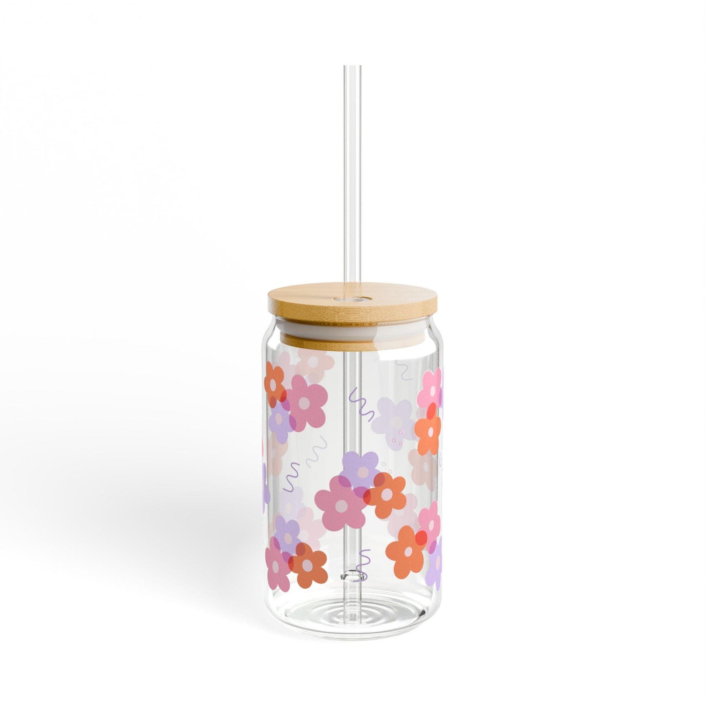 Girly Floral glass cup with bamboo lid glass straw, Cute Cup Beer Can Iced Coffee Glass Cup Cute funny Glass Cup gift for her