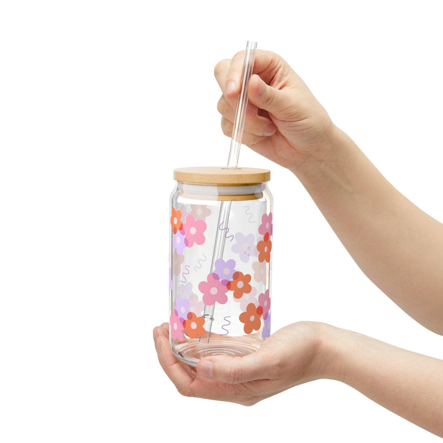 Girly Floral glass cup with bamboo lid glass straw, Cute Cup Beer Can Iced Coffee Glass Cup Cute funny Glass Cup gift for her