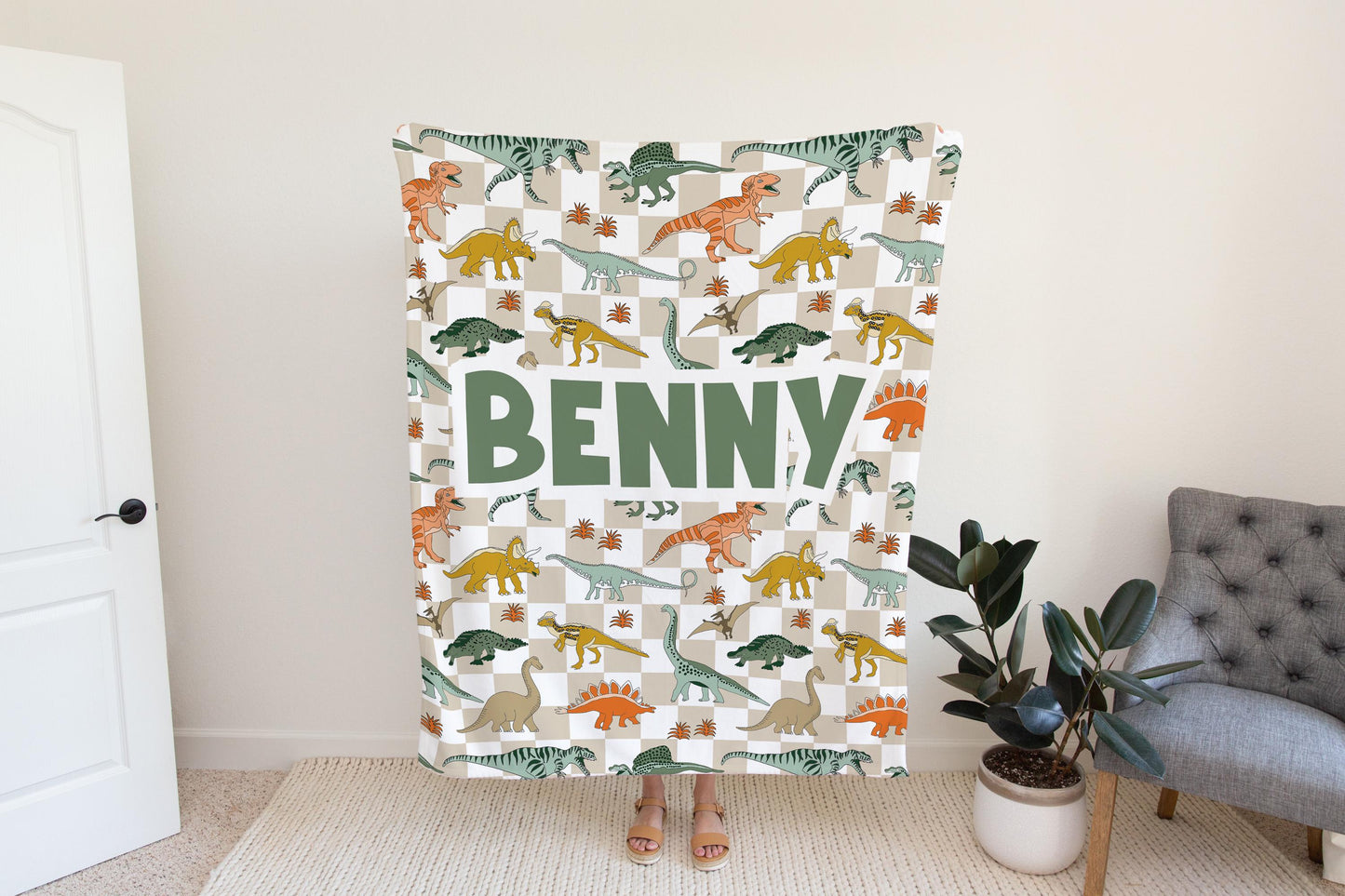 Dinosaur blanket for boys, personalized blanket, checkered throw, birthday gift for him, custom name baby blanket, baby shower gift