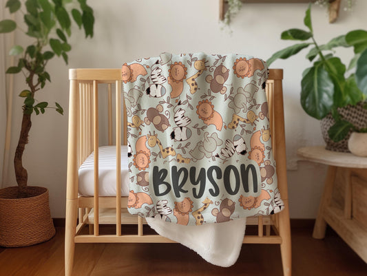 Personalized blanket for boys, safari animal blanket zoo theme, birthday gift for him, custom name baby blanket unisex, baby shower gift