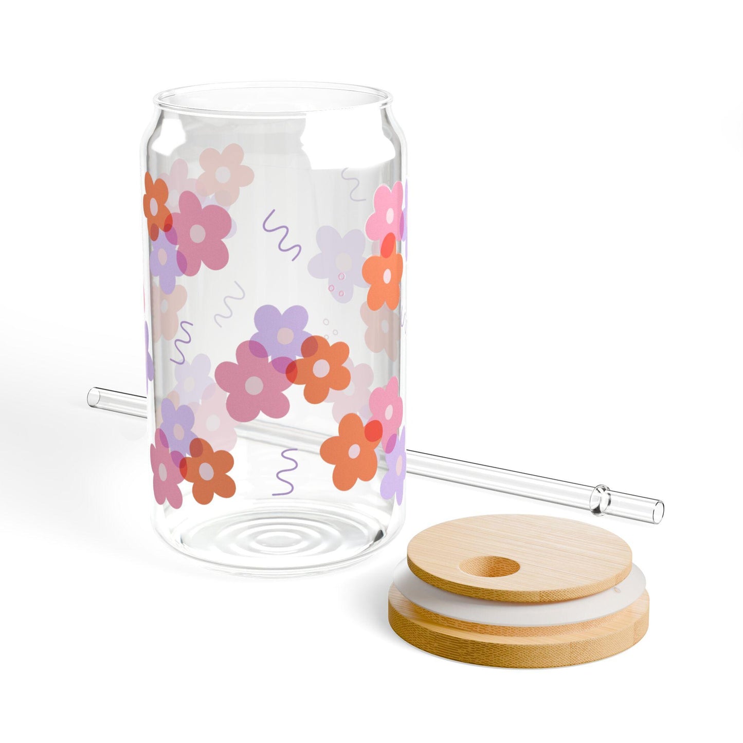 Girly Floral glass cup with bamboo lid glass straw, Cute Cup Beer Can Iced Coffee Glass Cup Cute funny Glass Cup gift for her