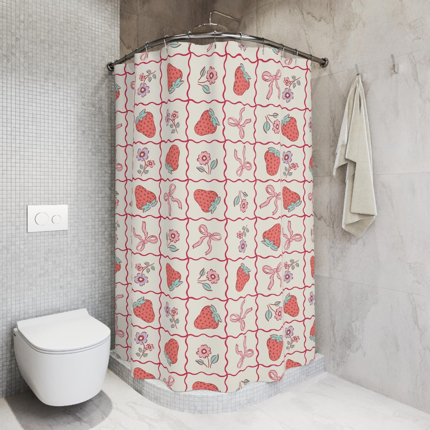 Strawberry Bow Shower Curtain Coquette decor, custom trendy coquette bathroom decor, preppy shower curtain, aesthetic bathroom personalized