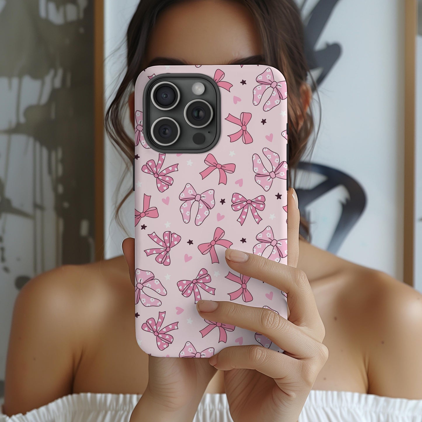 Custom Pink Bow phone case iphone 16, 15, 14, 13 Pro Max, MAGSAFE tough Iphone case coquette, preppy personalized phone case trendy girly