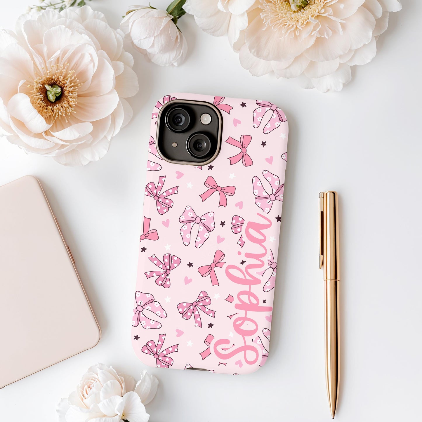 Custom Pink Bow phone case iphone 16, 15, 14, 13 Pro Max, MAGSAFE tough Iphone case coquette, preppy personalized phone case trendy girly