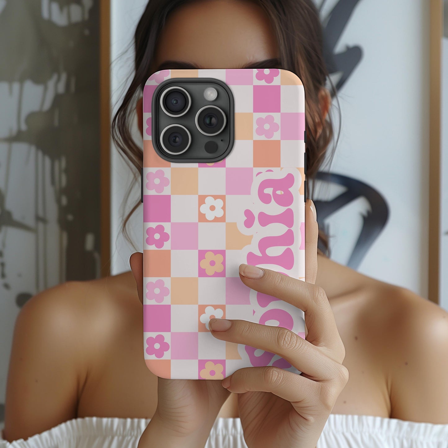 Custom Retro Checkered iphone case 16, 15, 14, 13 Pro Max, MAGSAFE Iphone case floral, vintage pink personalized phone case
