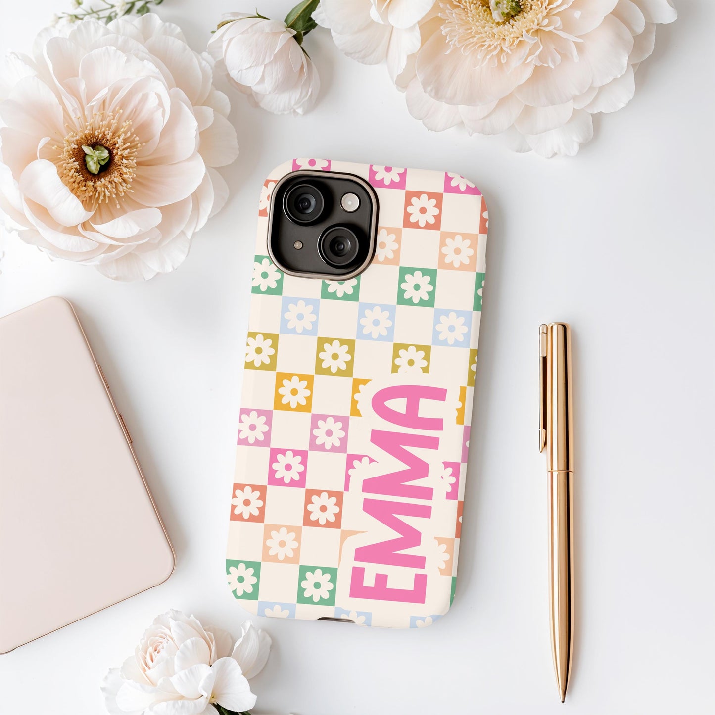 Custom Retro Checkered iphone case 16, 15, 14, 13 Pro Max, MAGSAFE Iphone case floral, vintage pink personalized phone case