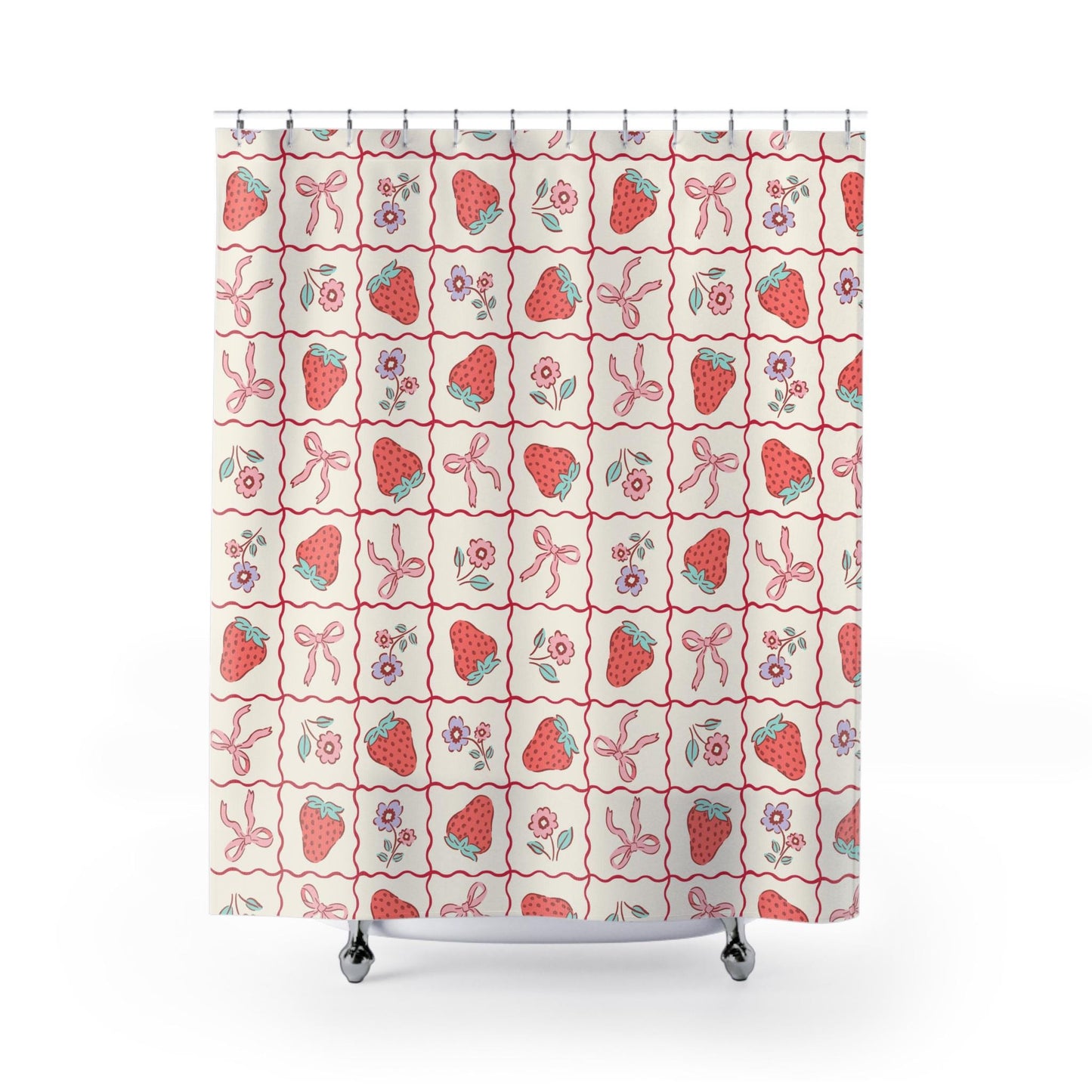 Strawberry Bow Shower Curtain Coquette decor, custom trendy coquette bathroom decor, preppy shower curtain, aesthetic bathroom personalized