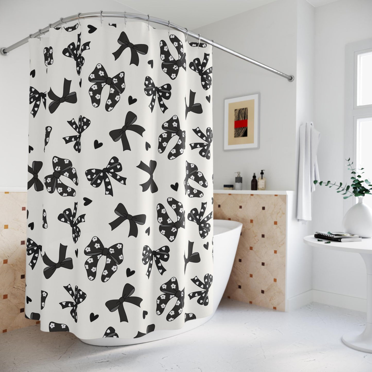 Black and white Bow Shower Curtain, custom trendy coquette bathroom decor, preppy shower curtain, aesthetic bathroom decor personalized