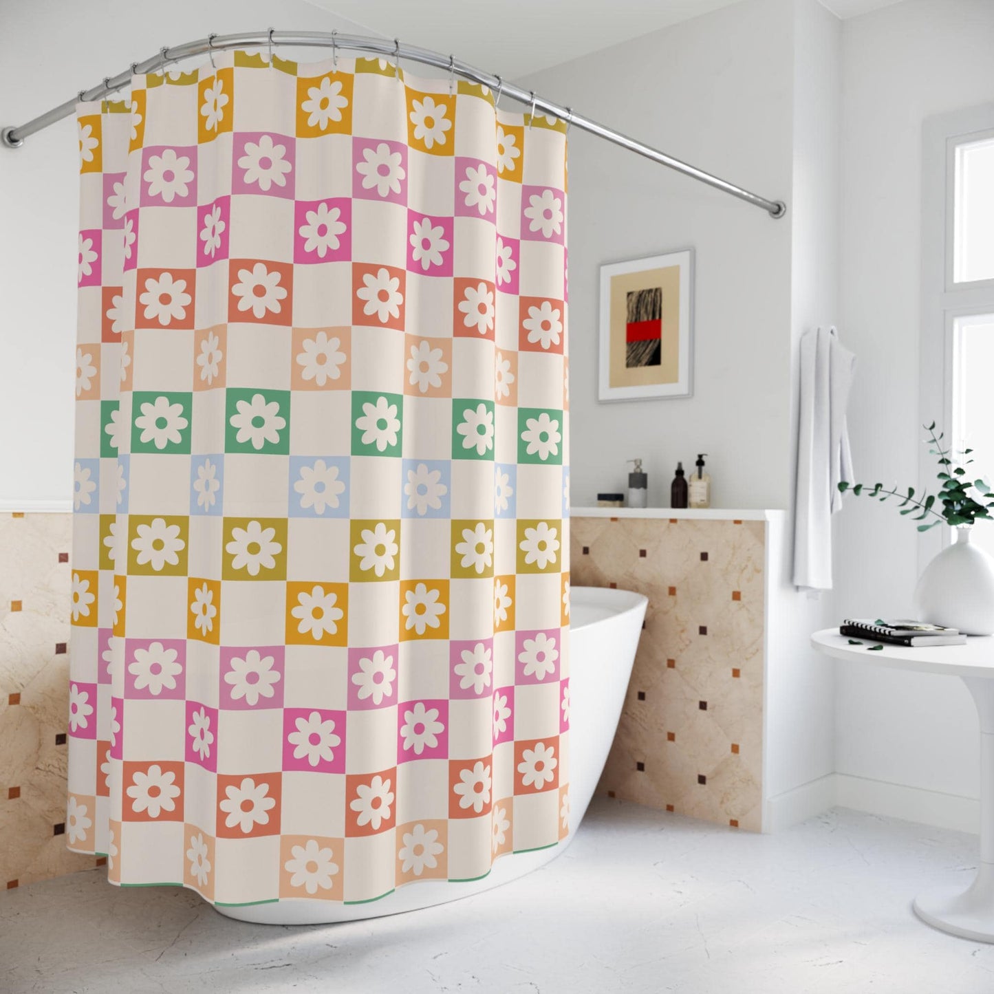 Checkered Retro Shower Curtain, preppy girl bathroom decor trendy, personalized custom shower curtain, aesthetic bathroom decor curtain