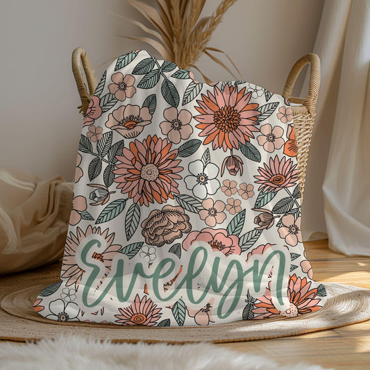 Personalized floral vintage blanket with Name, Custom name blanket gift, Birthday Anniversary Gift for her, floral baby blanket