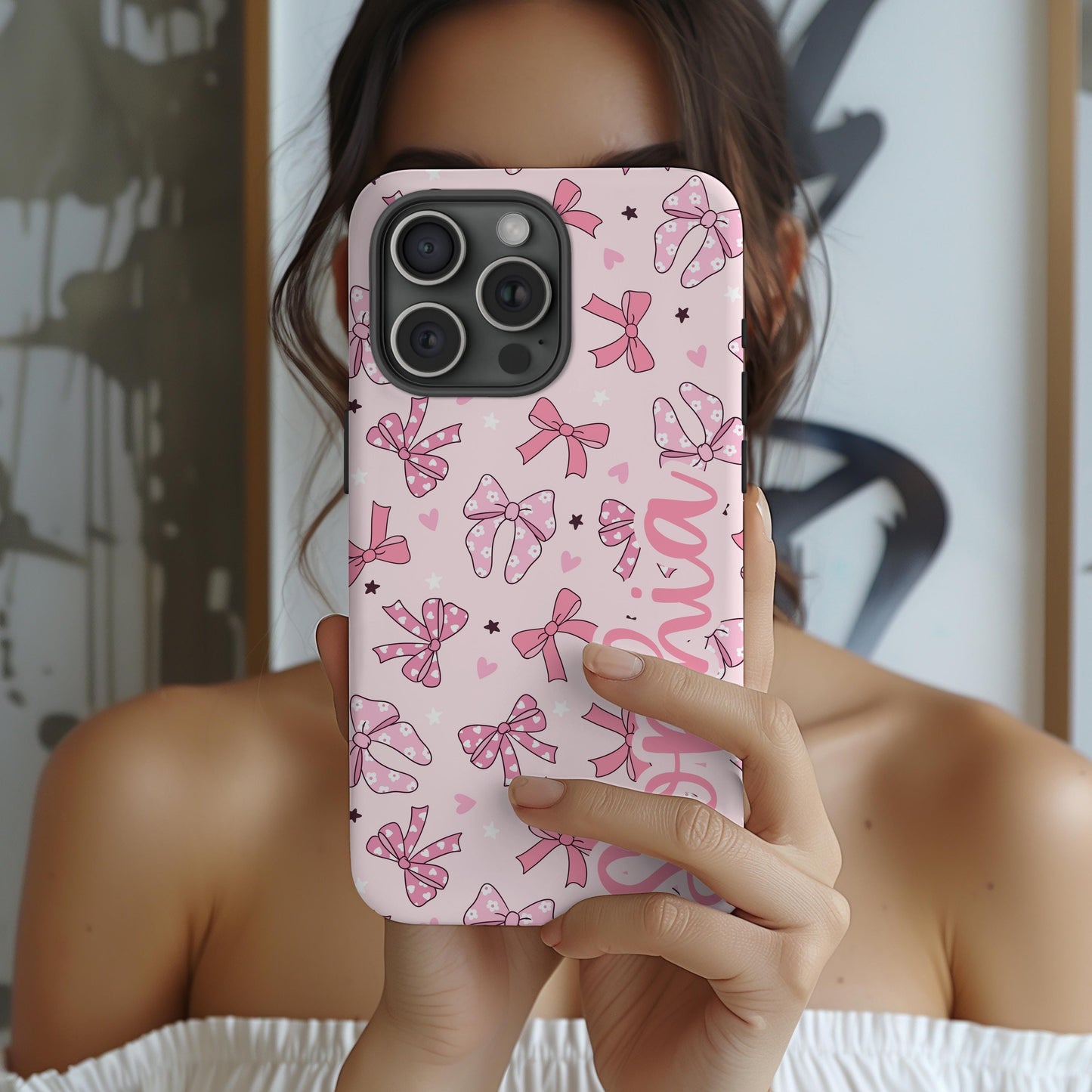 Custom Pink Bow phone case iphone 16, 15, 14, 13 Pro Max, MAGSAFE tough Iphone case coquette, preppy personalized phone case trendy girly