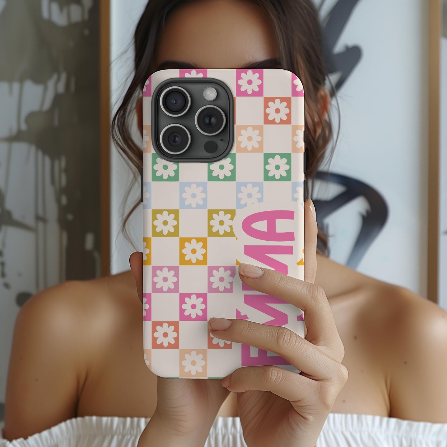 Custom Retro Checkered iphone case 16, 15, 14, 13 Pro Max, MAGSAFE Iphone case floral, vintage pink personalized phone case