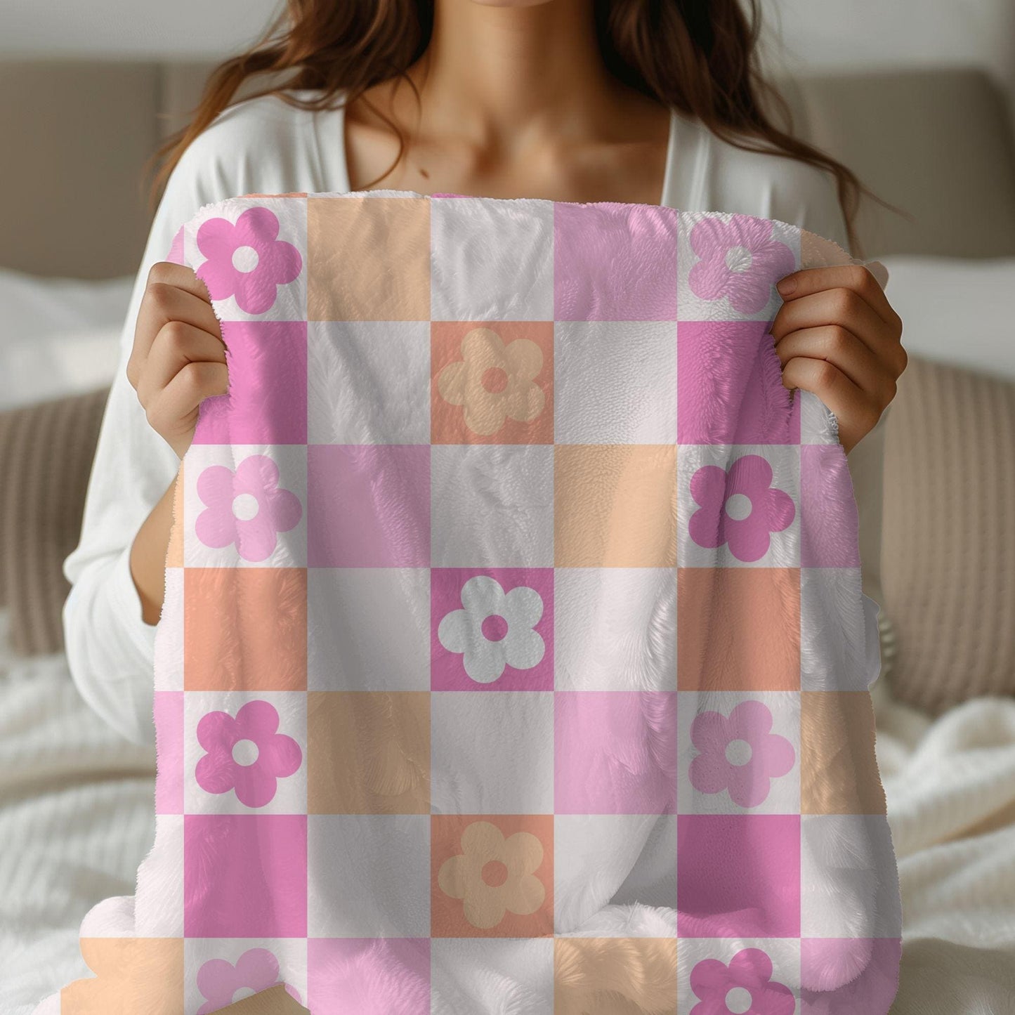 Checkered floral personalized pink blanket, Custom name blanket gift, Birthday Anniversary Gift for her, floral baby blanket