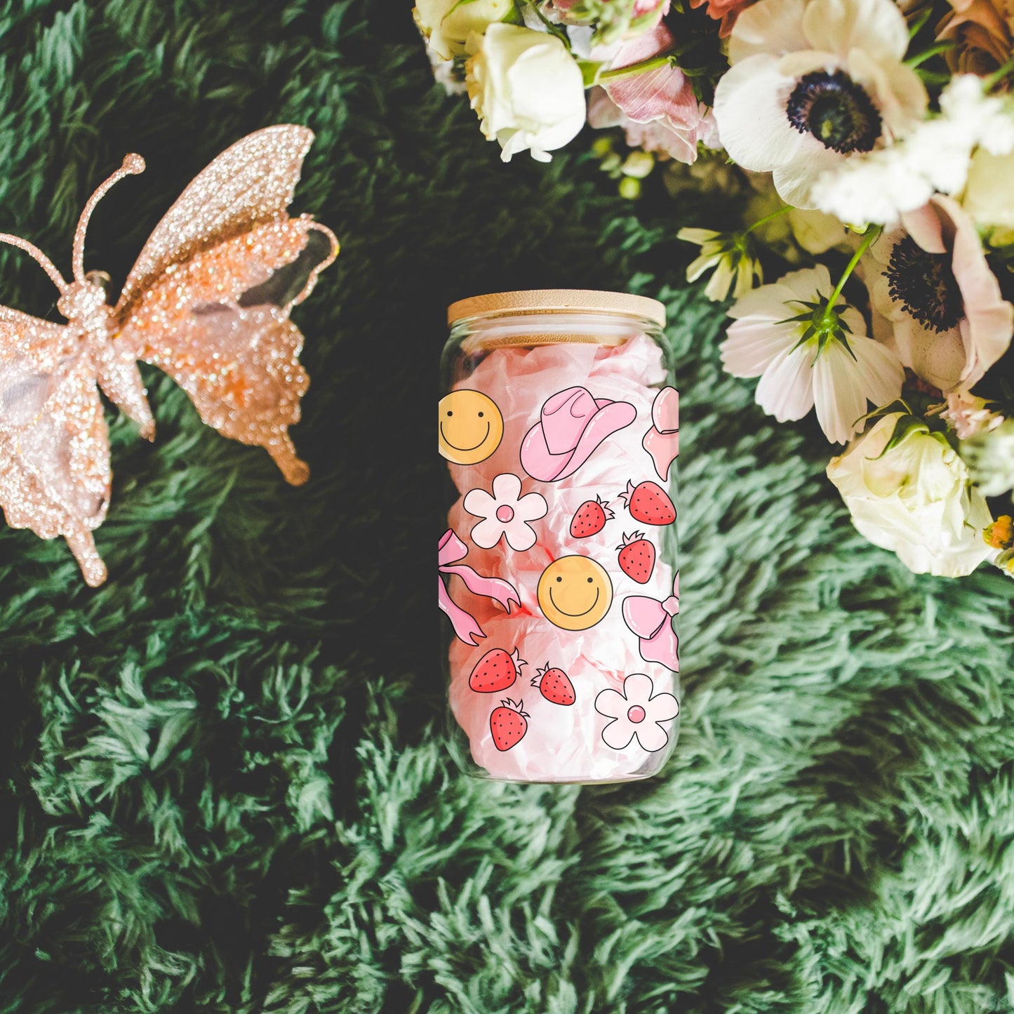 Girly coquette cowgirl glass cup with bamboo lid glass straw, Cute Cup Beer Can Iced Coffee Glass Cup Cute funny Glass Cup gift for her